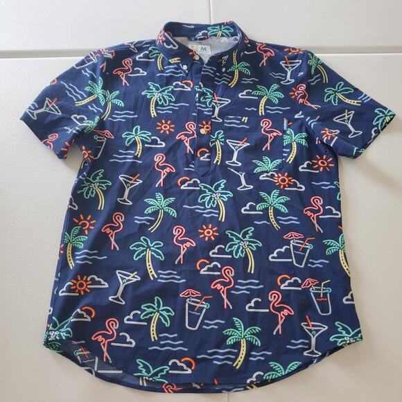 Chubbies Polo Shirt Mens Medium Blue Palm Tree Flamingo Neon Print Party Casual - Picture 1 of 7